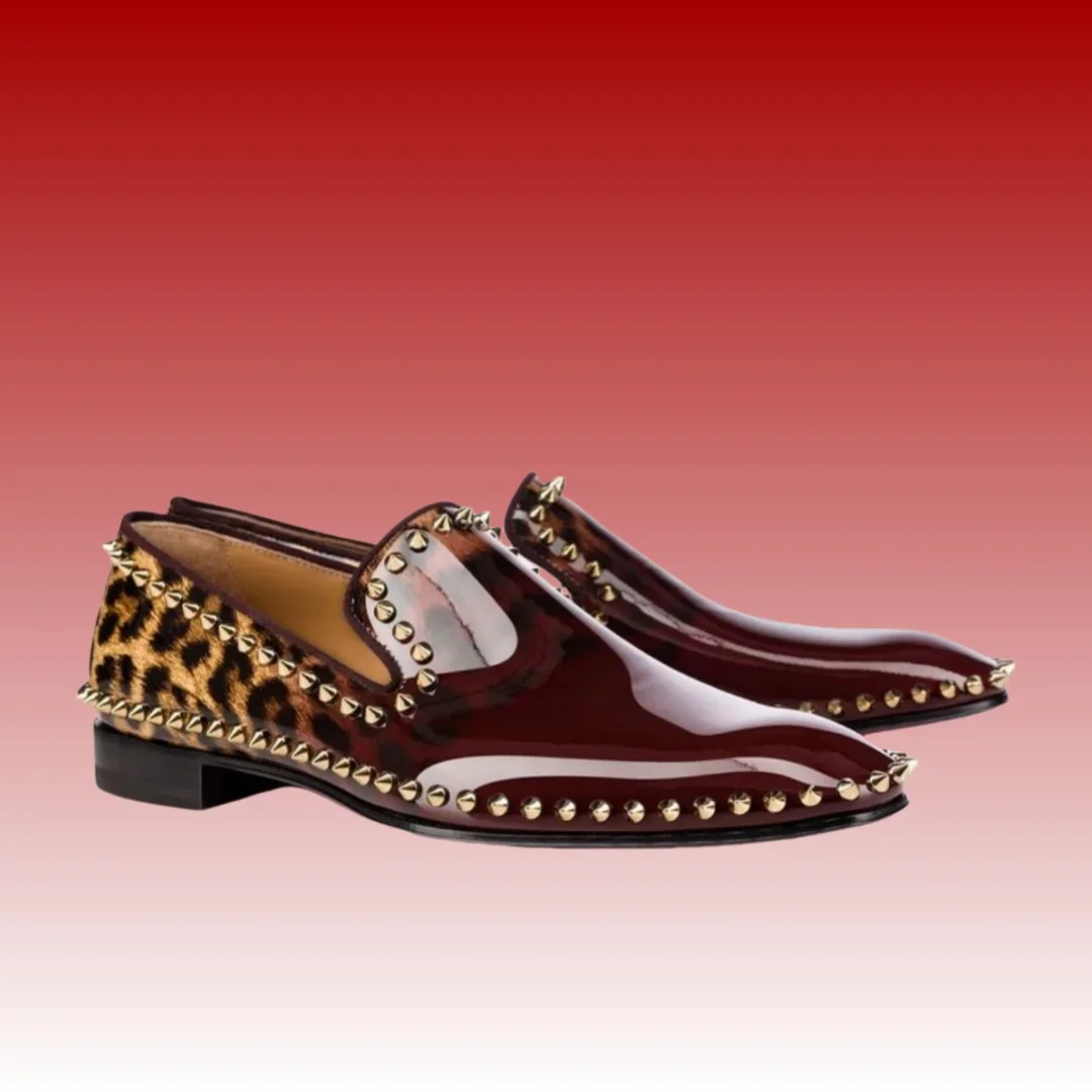 Burgundy Wine Red Business Shoes Fashion Designer Style Square Toe Slip On Full Gold Rivets Patent Leather Leopard Men's Loafers
Burgundy Wine Red Business Shoes Fashion Designer Style Square Toe Slip On Full Gold Rivets Patent Leather Leopard Men's Loafers
