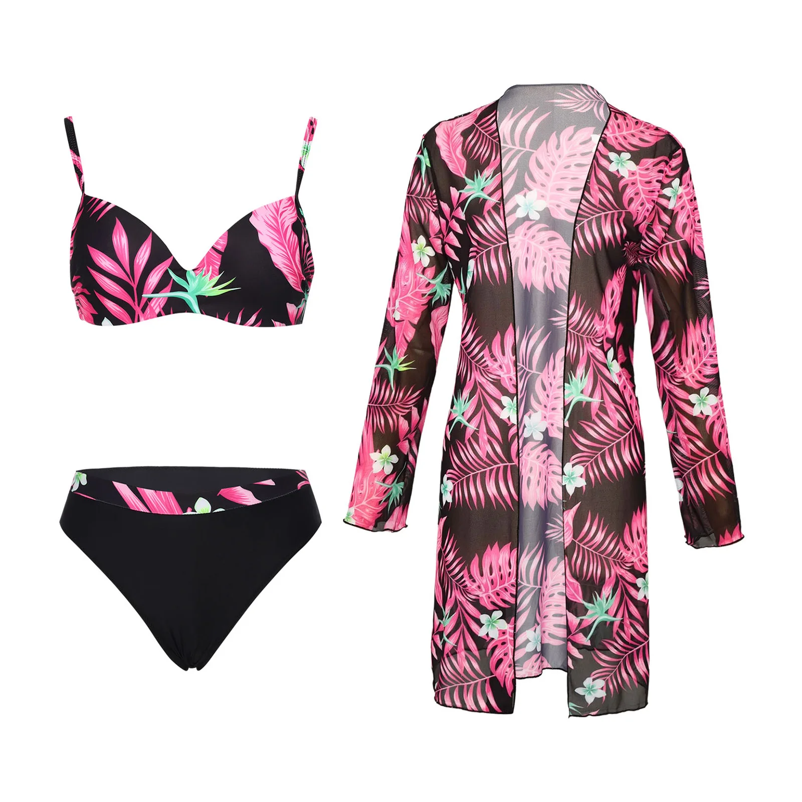 Women Summer Three Pieces Swimsuit Underwired Padded Bikini Set with Chiffon Cover-up Tropical Print Swimwear Beach Bathing Suit
Women Summer Three Pieces Swimsuit Underwired Padded Bikini Set with Chiffon Cover-up Tropical Print Swimwear Beach Bathing Suit