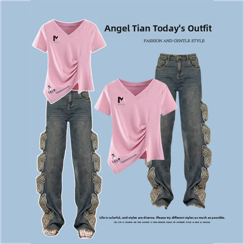 Летняя женская асимметричная футболка с принтом V-Ne и широкие джинсы с вышивкой, комплект из двух предметов, повседневный комплект Ele Sle
Летняя женская асимметричная футболка с принтом V-Ne и широкие джинсы с вышивкой, комплект из двух предметов, повседневный комплект Ele Sle