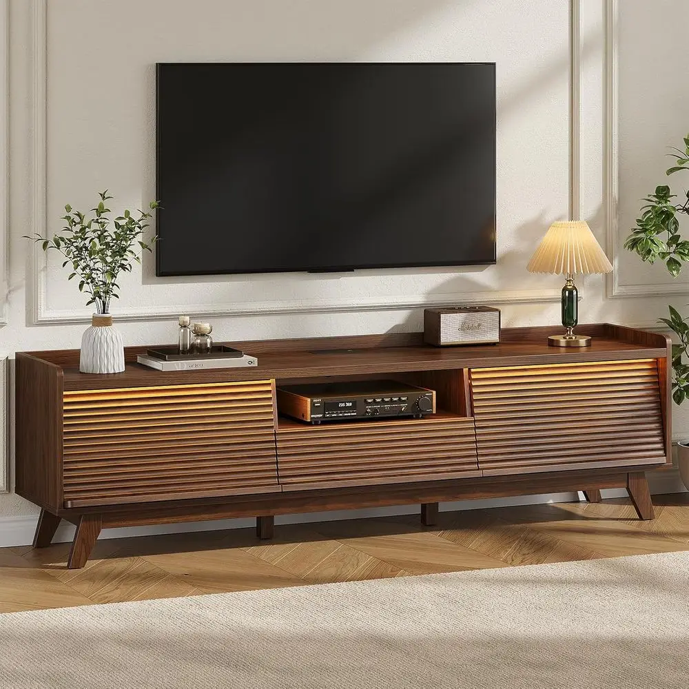 70-75 Inch Modern TV Stand with Storage, LED Lights, Charging Station, and Sliding Door in Walnut Finish
70-75 Inch Modern TV Stand with Storage, LED Lights, Charging Station, and Sliding Door in Walnut Finish