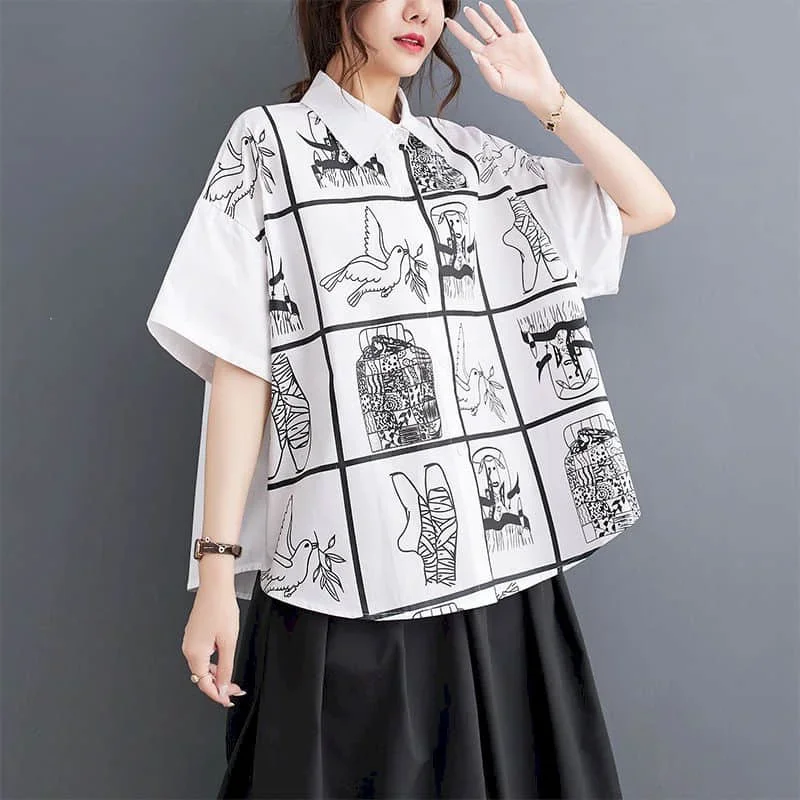 Рубашки для женщин, винтажная однобортная блузка с коротким рукавом и принтом граффити, повседневная однобортная блузка в корейском стиле, женские топы 
Рубашки для женщин, винтажная однобортная блузка с коротким рукавом и принтом граффити, повседневная однобортная блузка в корейском стиле, женские топы