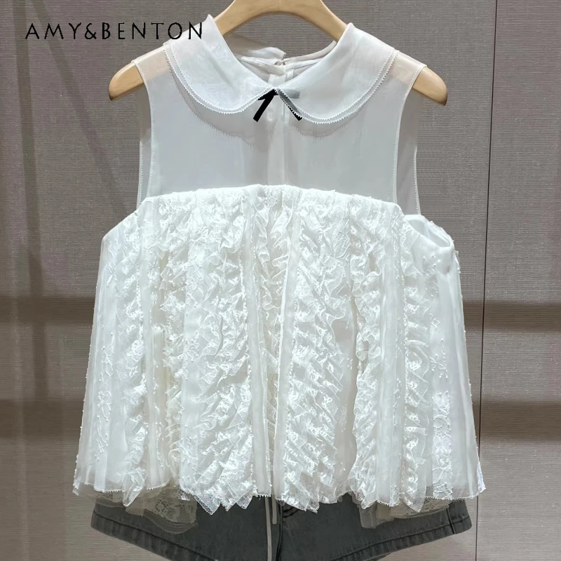 2026 Summer New Romantic Lace Splicing Sleeveless Women's Shirts French Design Sweet Cool Versatile Denim Shorts Sets Ladies
2026 Summer New Romantic Lace Splicing Sleeveless Women's Shirts French Design Sweet Cool Versatile Denim Shorts Sets Ladies