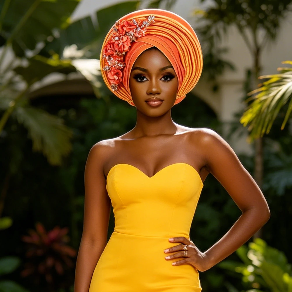 Elegant African Auto Gele Turban with Rhinestone Flowers for Muslim Women Hijab Nigeria Wedding Party Geles Bonnet Headscarf
Elegant African Auto Gele Turban with Rhinestone Flowers for Muslim Women Hijab Nigeria Wedding Party Geles Bonnet Headscarf