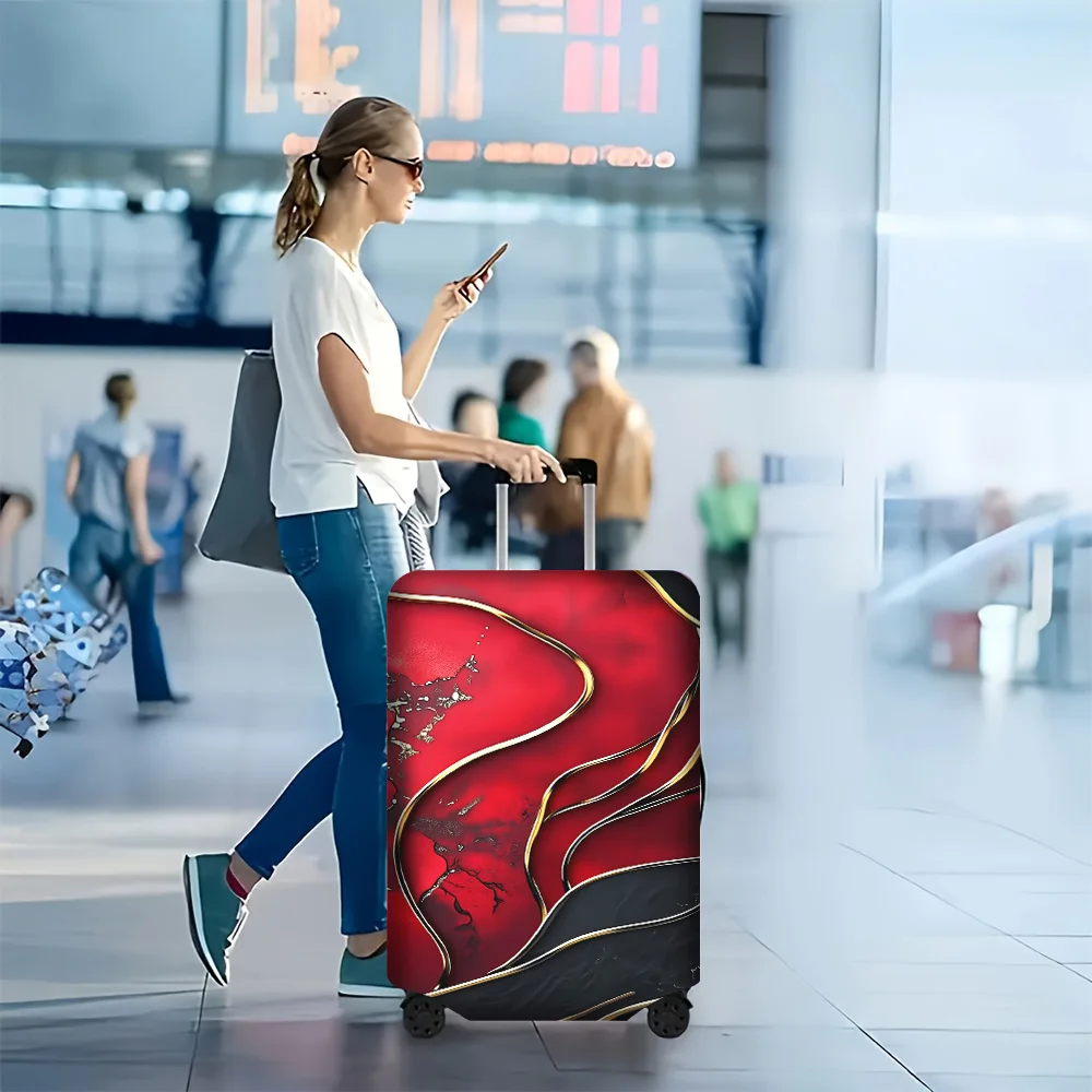 1-piece abstract crimson and black deluxe luggage cover with flowing curves of metallic gold accents; elastic dustproof trave
1-piece abstract crimson and black deluxe luggage cover with flowing curves of metallic gold accents; elastic dustproof trave