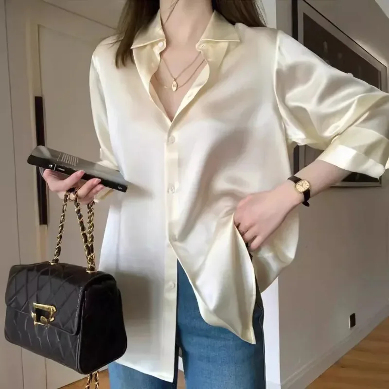 Французская атласная шелковая рубашка с длинными рукавами, элегантная, шелковистая, гладкая, удобная, для офиса, простой весенне-осенний топ, женская одежда
Французская атласная шелковая рубашка с длинными рукавами, элегантная, шелковистая, гладкая, удобная, для офиса, простой весенне-осенний топ, женская одежда