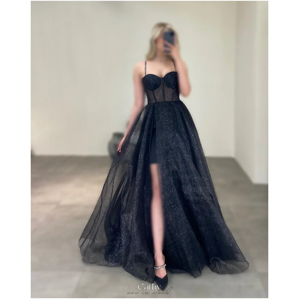 Cathy Customized Black Spaghetti Strap Glitter Tulle Prom Dress A-Line Side Split vestidos de noiva Floor-Length Formal Evening
Cathy Customized Black Spaghetti Strap Glitter Tulle Prom Dress A-Line Side Split vestidos de noiva Floor-Length Formal Evening