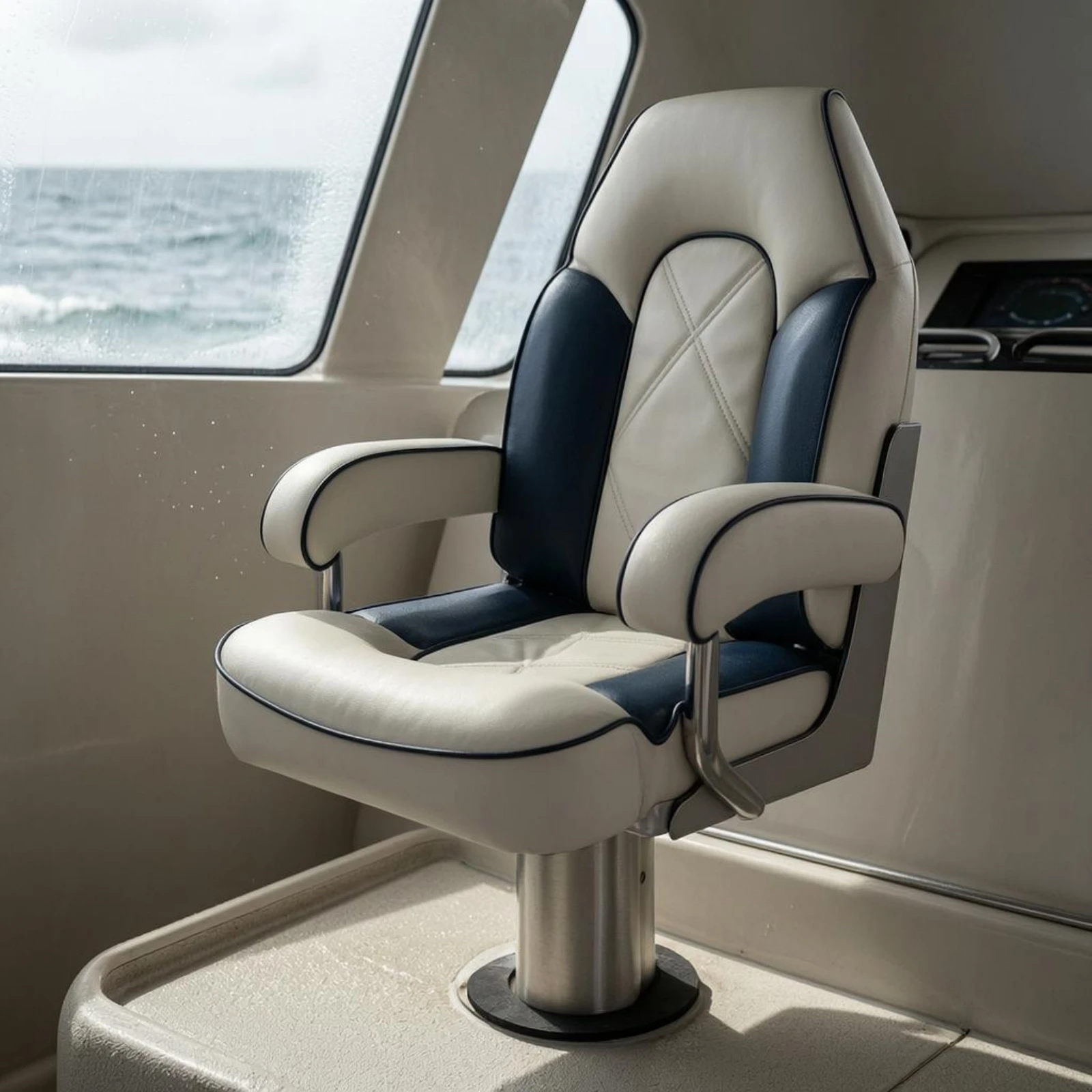 Marine Steering Chair Blue and White Upholstered Steering Chair Helmsperson Boat Seat Stitched Panel Helm Boat Seat Rounded
Marine Steering Chair Blue and White Upholstered Steering Chair Helmsperson Boat Seat Stitched Panel Helm Boat Seat Rounded
