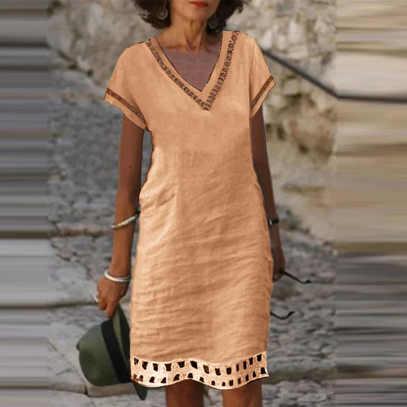 Women V Neck Cotton Linen Dress Chic Sexy Hollow Out Patchwork Pullover Dress Office Lady Summer Casual Short Sleeve Loose Dress
Women V Neck Cotton Linen Dress Chic Sexy Hollow Out Patchwork Pullover Dress Office Lady Summer Casual Short Sleeve Loose Dress