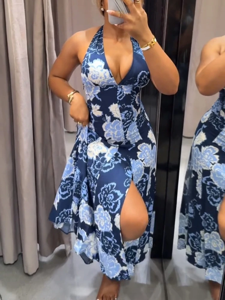 HH 2025 Woman Elegant Blue Print Halter Neck Sexy Backless Midi Sleeveless Dress Female Temperament Zipper Slim Party Dress 
HH 2025 Woman Elegant Blue Print Halter Neck Sexy Backless Midi Sleeveless Dress Female Temperament Zipper Slim Party Dress