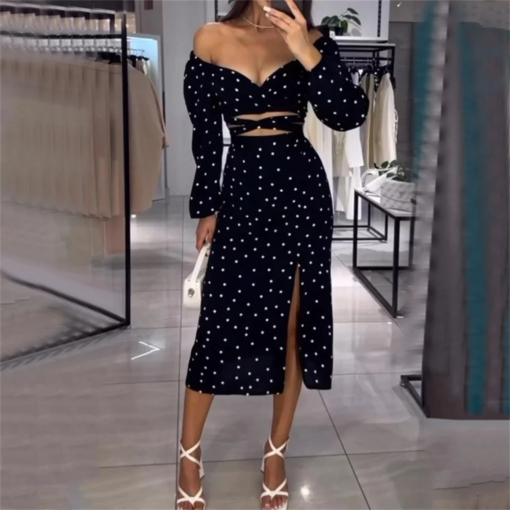 Women Black Polka Dot Print Long Sleeve Chest Wrapped Short Top High Waist Split Skirt Sexy off Shoulder Top A-line Skirt Set
Women Black Polka Dot Print Long Sleeve Chest Wrapped Short Top High Waist Split Skirt Sexy off Shoulder Top A-line Skirt Set