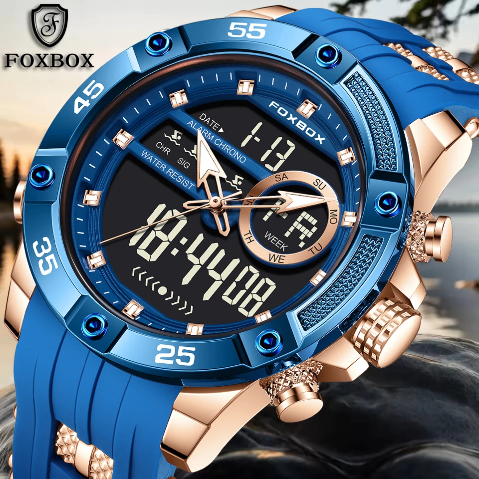 FOXBOX Men's Digital Wristwatches Fashion Business Watch Men Blue Silicone Military LED Backlight Dual Time Quartz Watch For Men
FOXBOX Men's Digital Wristwatches Fashion Business Watch Men Blue Silicone Military LED Backlight Dual Time Quartz Watch For Men