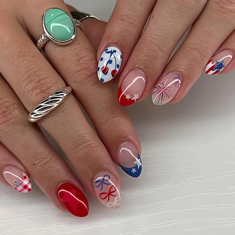 Almond Fake Nail Wearable Detachable Summer Press On Nails Manicure Set Bow Design False Nails for Independence Day Fake Nails
Almond Fake Nail Wearable Detachable Summer Press On Nails Manicure Set Bow Design False Nails for Independence Day Fake Nails