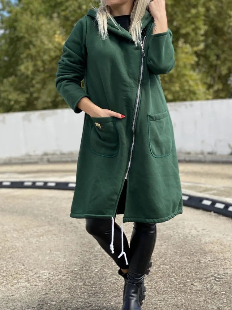 Элегантная флисовая толстовка на молнии с длинными рукавами, женская повседневная однотонная осенне-зимняя куртка с длинными рукавами, модная свободная куртка миди с карманами 
Элегантная флисовая толстовка на молнии с длинными рукавами, женская повседневная однотонная осенне-зимняя куртка с длинными рукавами, модная свободная куртка миди с карманами