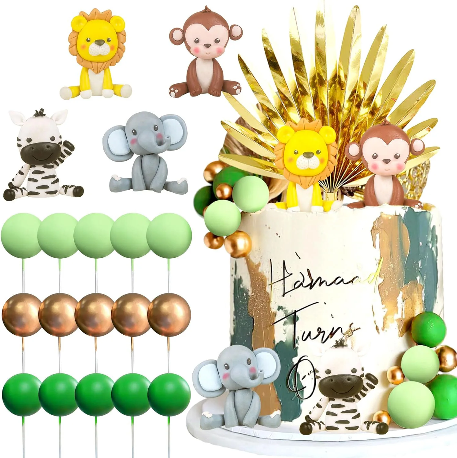 19 шт., топпер для торта в виде слона, льва, обезьянки, зебры, зеленые Золотые шарики для торта, для украшения детского праздника в джунглях
19 шт., топпер для торта в виде слона, льва, обезьянки, зебры, зеленые Золотые шарики для торта, для украшения детского праздника в джунглях