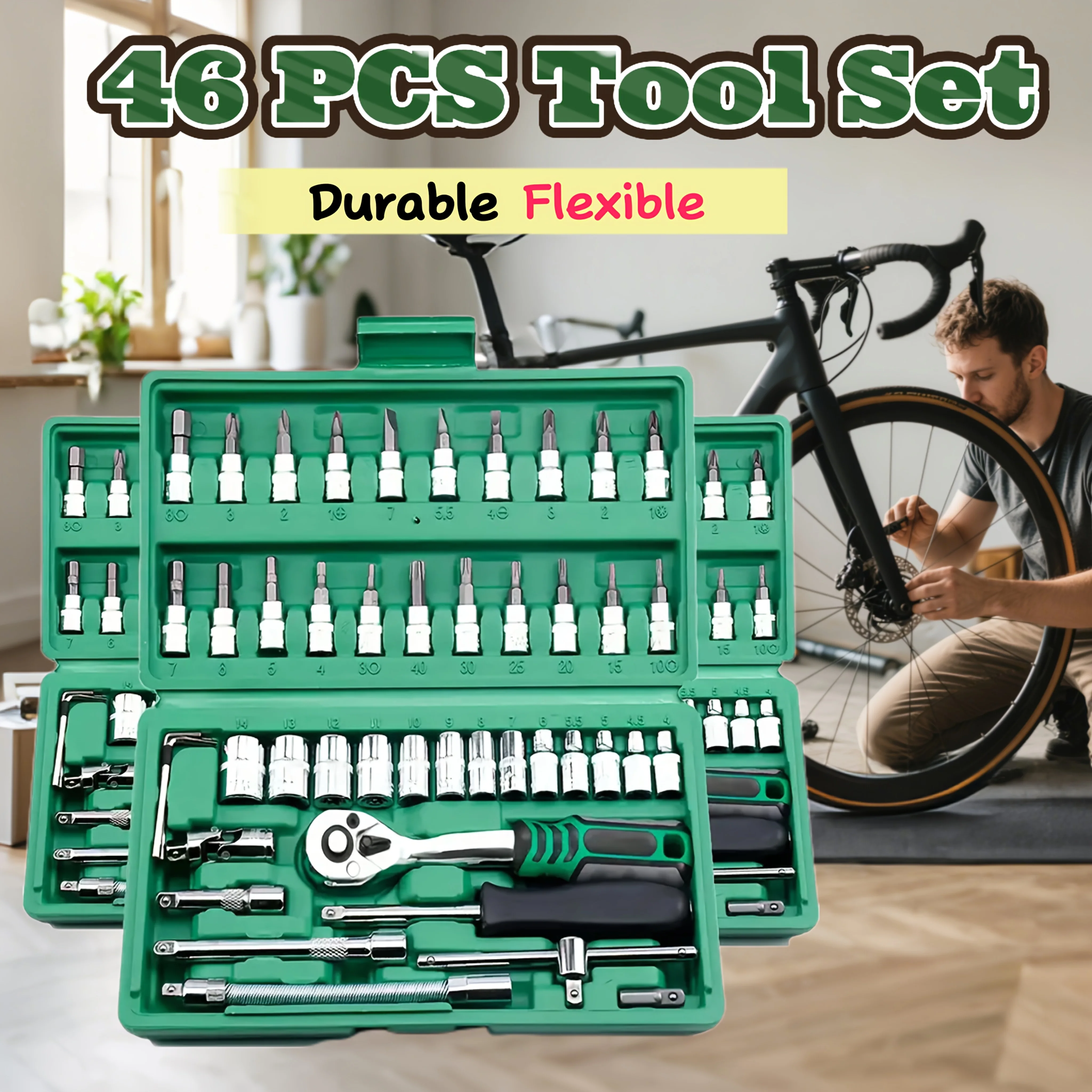 46pcs Universal Socket Wrench Set - for Car Repair, Bike Maintenance, Home Appliances Installation , Furniture Assembly Tools
46pcs Universal Socket Wrench Set - for Car Repair, Bike Maintenance, Home Appliances Installation , Furniture Assembly Tools