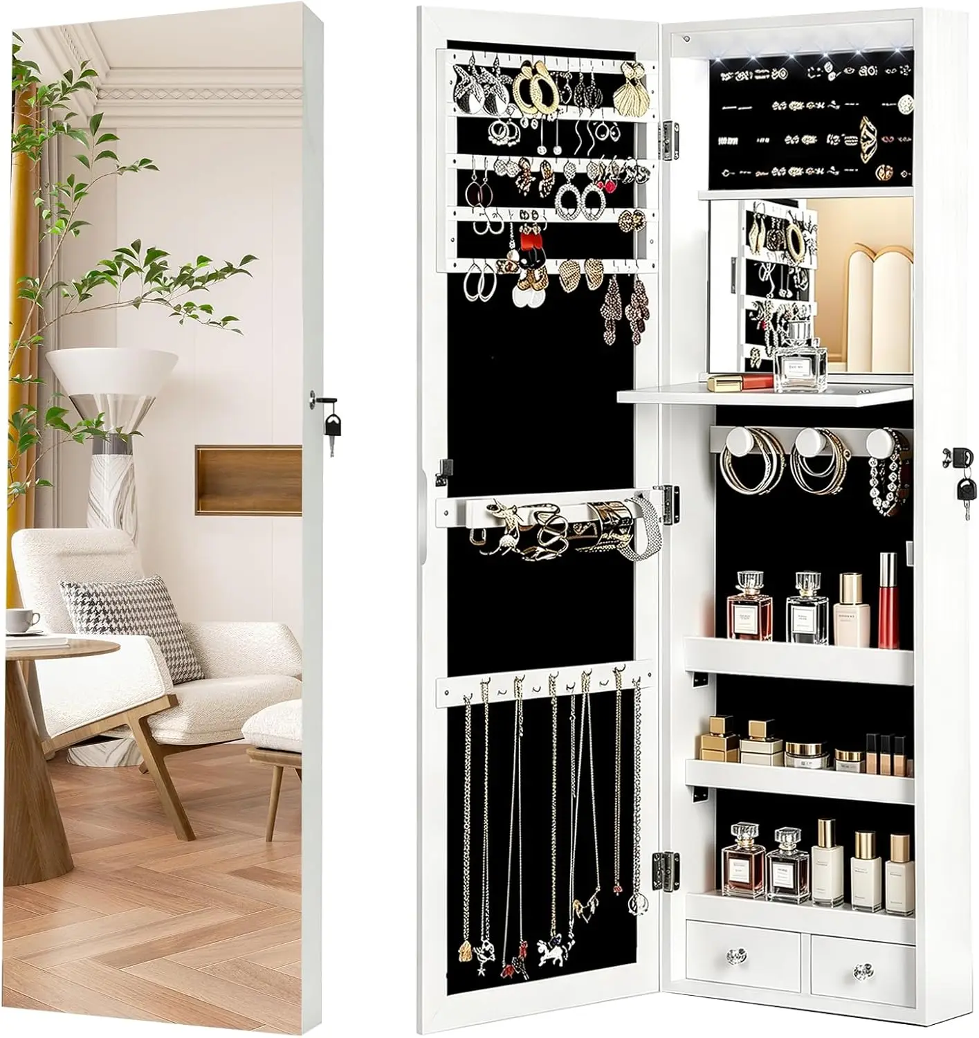 Lockable Jewelry Cabinet Organizer with Full Length Mirror, 6 Auto LED Lights,Necklace Hooks, Foldable Makeup Shelf
Lockable Jewelry Cabinet Organizer with Full Length Mirror, 6 Auto LED Lights,Necklace Hooks, Foldable Makeup Shelf