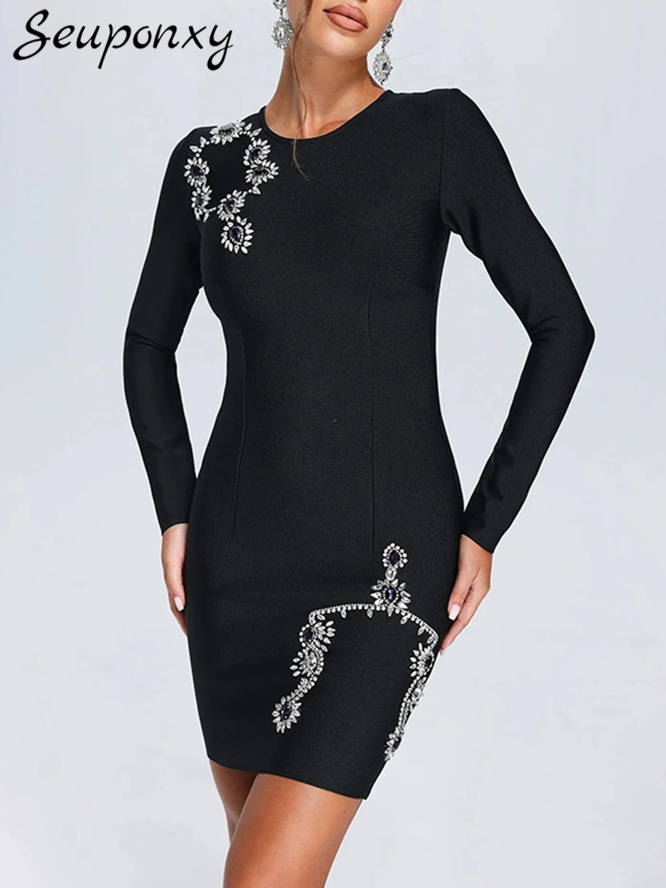 High Quality Black Women'S Bandage Mini Dress 2024 Sexy O-Neck Long Sleeved Crystal Diamond Elegant Club Party Dress Vestidos
High Quality Black Women'S Bandage Mini Dress 2024 Sexy O-Neck Long Sleeved Crystal Diamond Elegant Club Party Dress Vestidos
