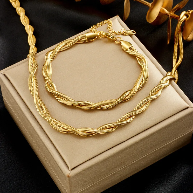18K Gold Plated Braided Herringbone Chain Necklace Bracelets Set Wholesale Stainless Steel Jewelry for Women
18K Gold Plated Braided Herringbone Chain Necklace Bracelets Set Wholesale Stainless Steel Jewelry for Women