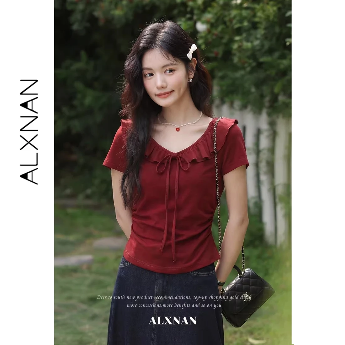 ALXNAN Red Short Sleeve T-shirt Women Summer Elegant Ruffled V-neck Tie T-shirts Fashion Casual Loose-fit Cotton Tees L62851A
ALXNAN Red Short Sleeve T-shirt Women Summer Elegant Ruffled V-neck Tie T-shirts Fashion Casual Loose-fit Cotton Tees L62851A