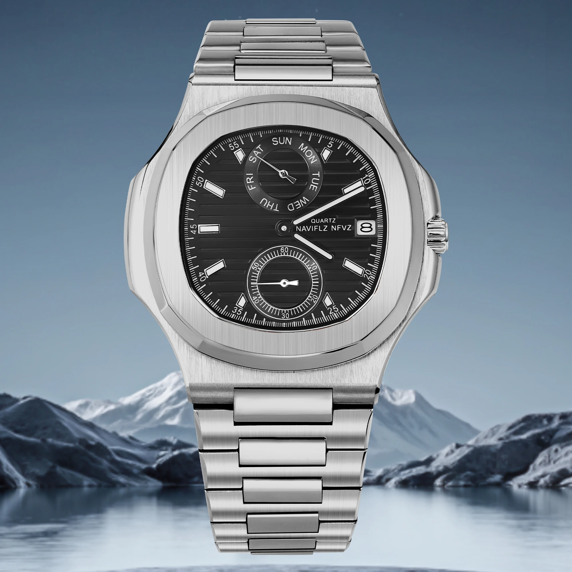 NAVIFLZ NFVZ 40MM Men's Quartz Watch Imported from Japan with Silver Black Multi functional Dial and Sapphire Glass
NAVIFLZ NFVZ 40MM Men's Quartz Watch Imported from Japan with Silver Black Multi functional Dial and Sapphire Glass