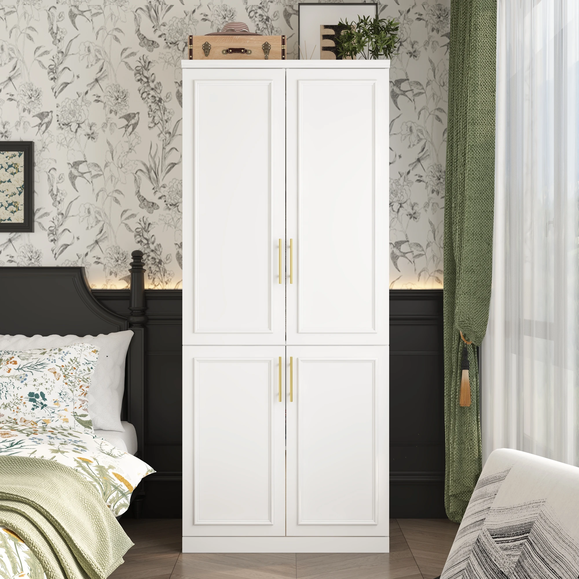 Modern 4-door Wardrobe Armoire Closet with 3 storage compartment & Hanging Rod, for Bedroom, Stylish Design, White
Modern 4-door Wardrobe Armoire Closet with 3 storage compartment & Hanging Rod, for Bedroom, Stylish Design, White