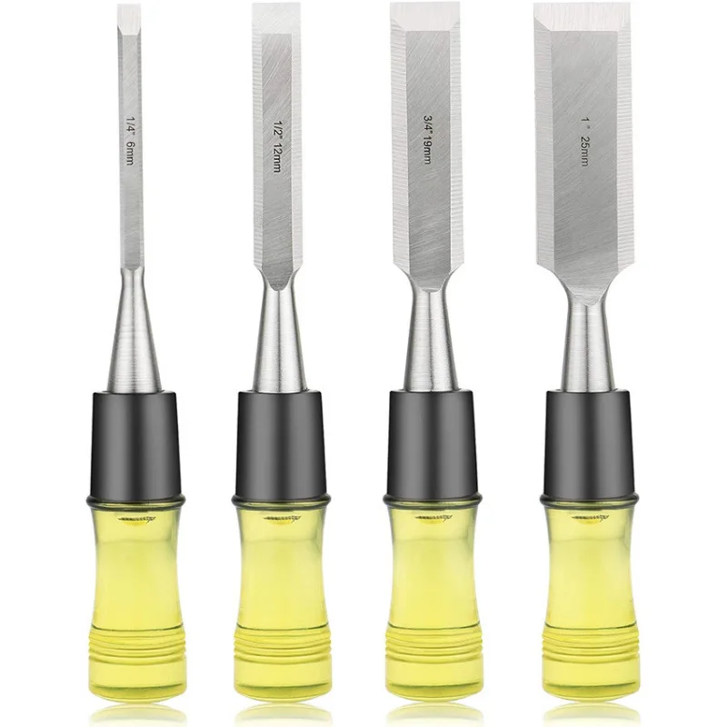 4 Piece Wood Chisel Set for Woodworking. CR-V Steel Beveled Edge Blades with Safety Caps. Durable PVC High Impact Handle
4 Piece Wood Chisel Set for Woodworking. CR-V Steel Beveled Edge Blades with Safety Caps. Durable PVC High Impact Handle