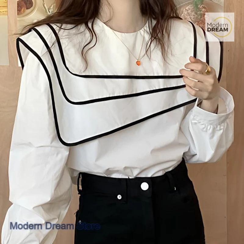 Korean style spring new fashion western style contrast navy collar fashion temperament irregular design loose long-sleeved shirt
Korean style spring new fashion western style contrast navy collar fashion temperament irregular design loose long-sleeved shirt