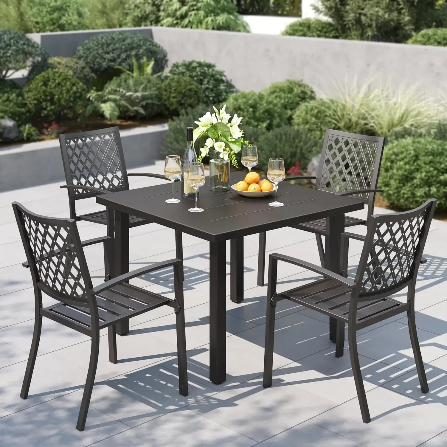 5 Piece Metal Patio Table and Chairs Set, 34.2" Metal Square Table with Umbrella Hole & Stackable Wrought Iron Chairs,, Custom
5 Piece Metal Patio Table and Chairs Set, 34.2" Metal Square Table with Umbrella Hole & Stackable Wrought Iron Chairs,, Custom