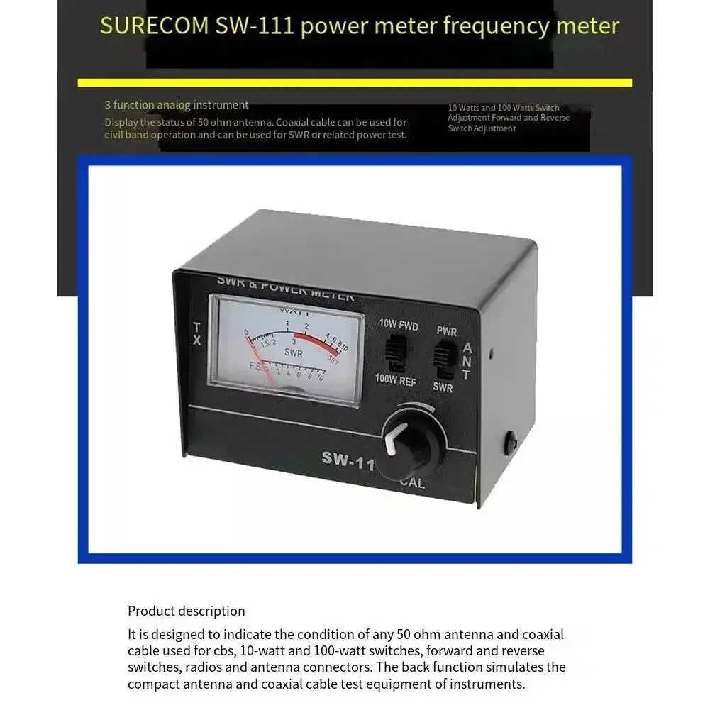 SW111 100W Power VSWR Meter for CB Radio Antennas 50 Ohm Cable Tester with Forward Reverse Switch and Analog Meter Panel
SW111 100W Power VSWR Meter for CB Radio Antennas 50 Ohm Cable Tester with Forward Reverse Switch and Analog Meter Panel