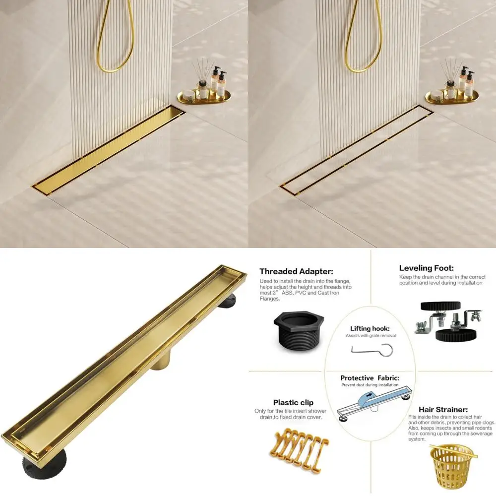 24-Inch Gold Linear Shower Drain with Flat and Tile Insert Cover, Stainless Steel, Brushed Brass Rectangle Design for Modern Bat
24-Inch Gold Linear Shower Drain with Flat and Tile Insert Cover, Stainless Steel, Brushed Brass Rectangle Design for Modern Bat