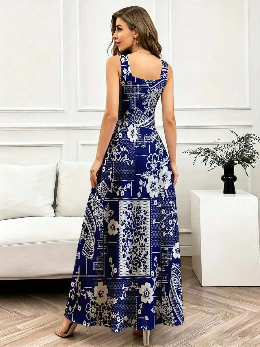 Blue And White Floral Patchwork Square Neck Sleeveless Maxi Dress For Women
Blue And White Floral Patchwork Square Neck Sleeveless Maxi Dress For Women