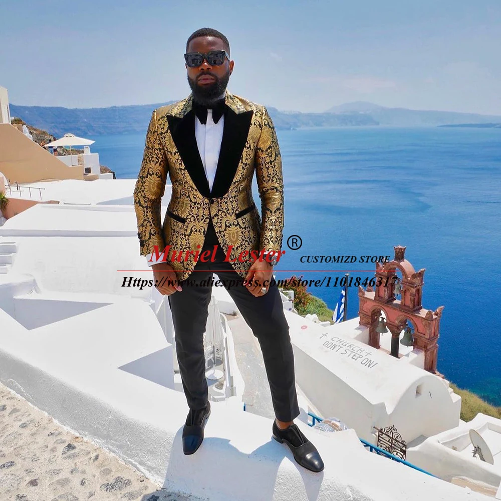 Classic Suits Men Gold Jacquard 2 Piece Jacket Pant Formal Business Prom Party Dress Tailored Made Black Laple Blazer Tuxedo
Classic Suits Men Gold Jacquard 2 Piece Jacket Pant Formal Business Prom Party Dress Tailored Made Black Laple Blazer Tuxedo
