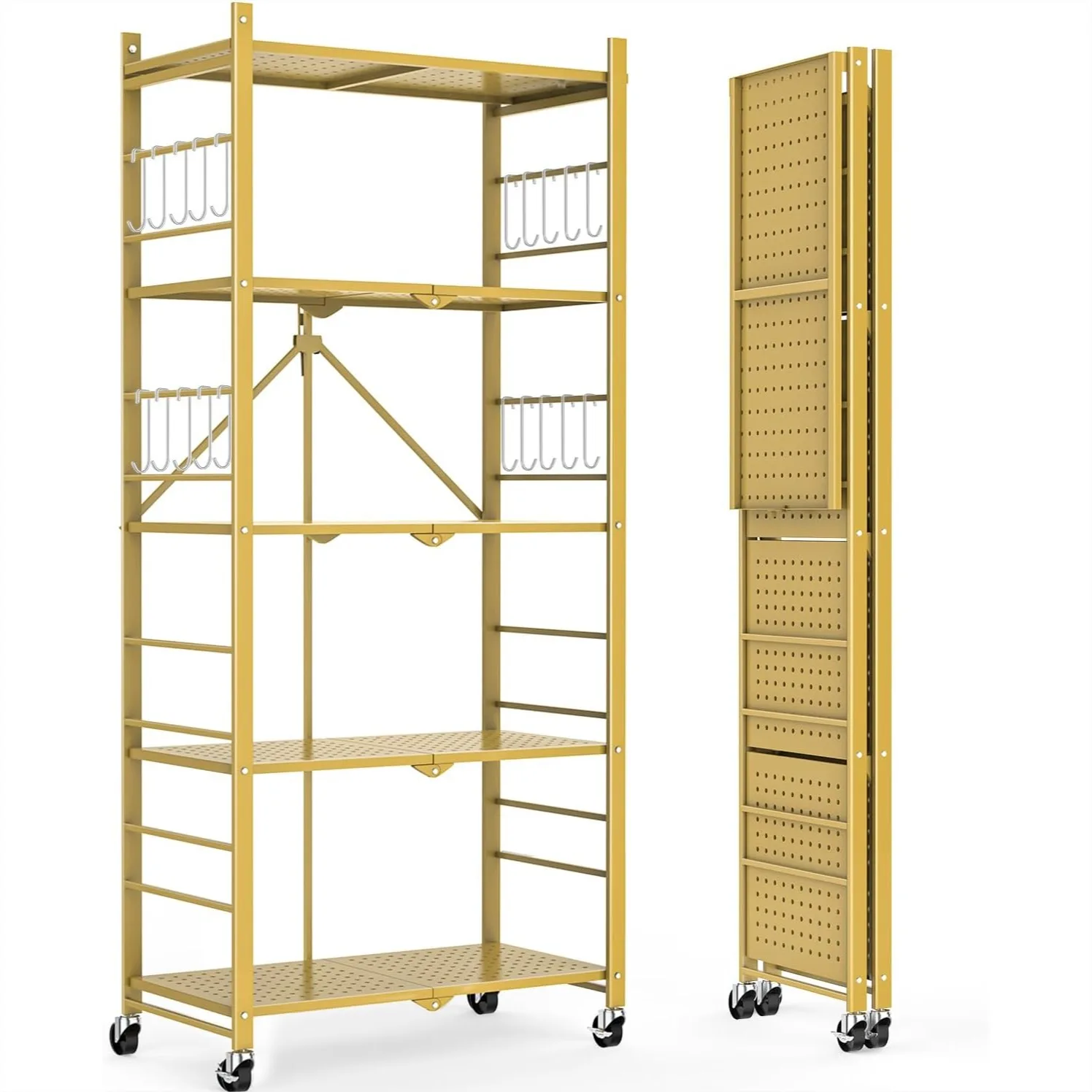 5-Tier Foldable Storage Shelves with 20 Hooks, Wheels, Heavy Duty Shelving Unit for Kitchen Garage Home Office, Gold
5-Tier Foldable Storage Shelves with 20 Hooks, Wheels, Heavy Duty Shelving Unit for Kitchen Garage Home Office, Gold
