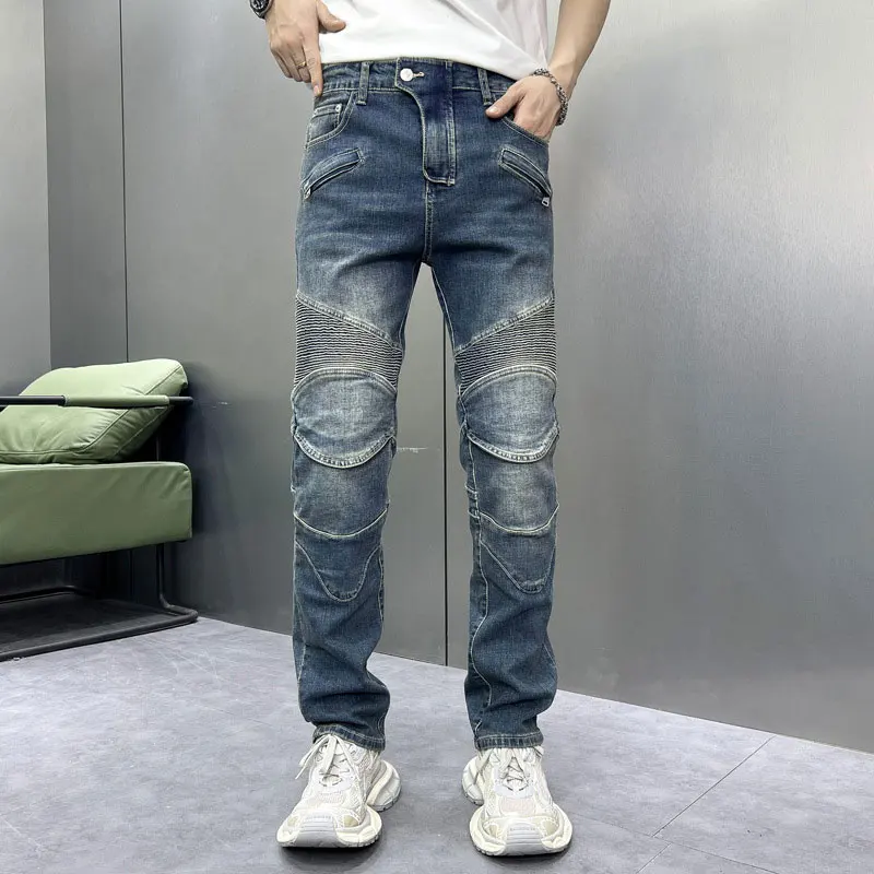 Fashionable new men's work pants with fishing net patches, nostalgic stretch, slim fit, retro blue work pants, designer patchwor
Fashionable new men's work pants with fishing net patches, nostalgic stretch, slim fit, retro blue work pants, designer patchwor