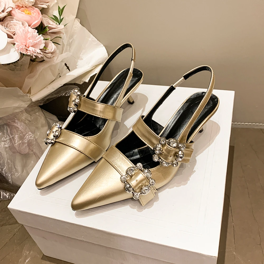 Women's Crystal Buckle Mary Jane Slingback Heels, Metallic Pointed Toe Kitten Heel Pumps, Elegant Party Shoes
Women's Crystal Buckle Mary Jane Slingback Heels, Metallic Pointed Toe Kitten Heel Pumps, Elegant Party Shoes