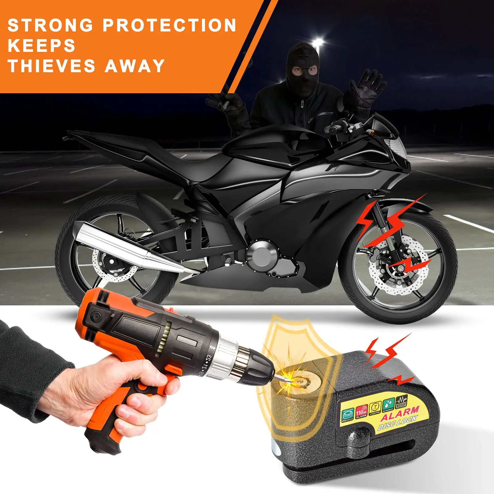 Motorcycle alarm disc brake lock, motorcycle lock anti-theft security wheel lock waterproof 110dB alarm sound with 5-foot remind
Motorcycle alarm disc brake lock, motorcycle lock anti-theft security wheel lock waterproof 110dB alarm sound with 5-foot remind