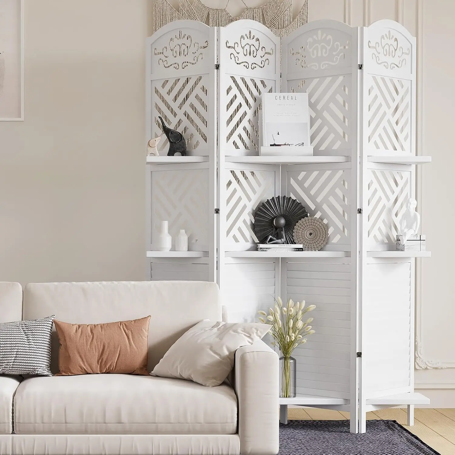 Room Divider with Shelves, 5.75ft Tall Folding Wood Carved Screen with Double Hinges for Home Office Bedroom Hotel Decor
Room Divider with Shelves, 5.75ft Tall Folding Wood Carved Screen with Double Hinges for Home Office Bedroom Hotel Decor