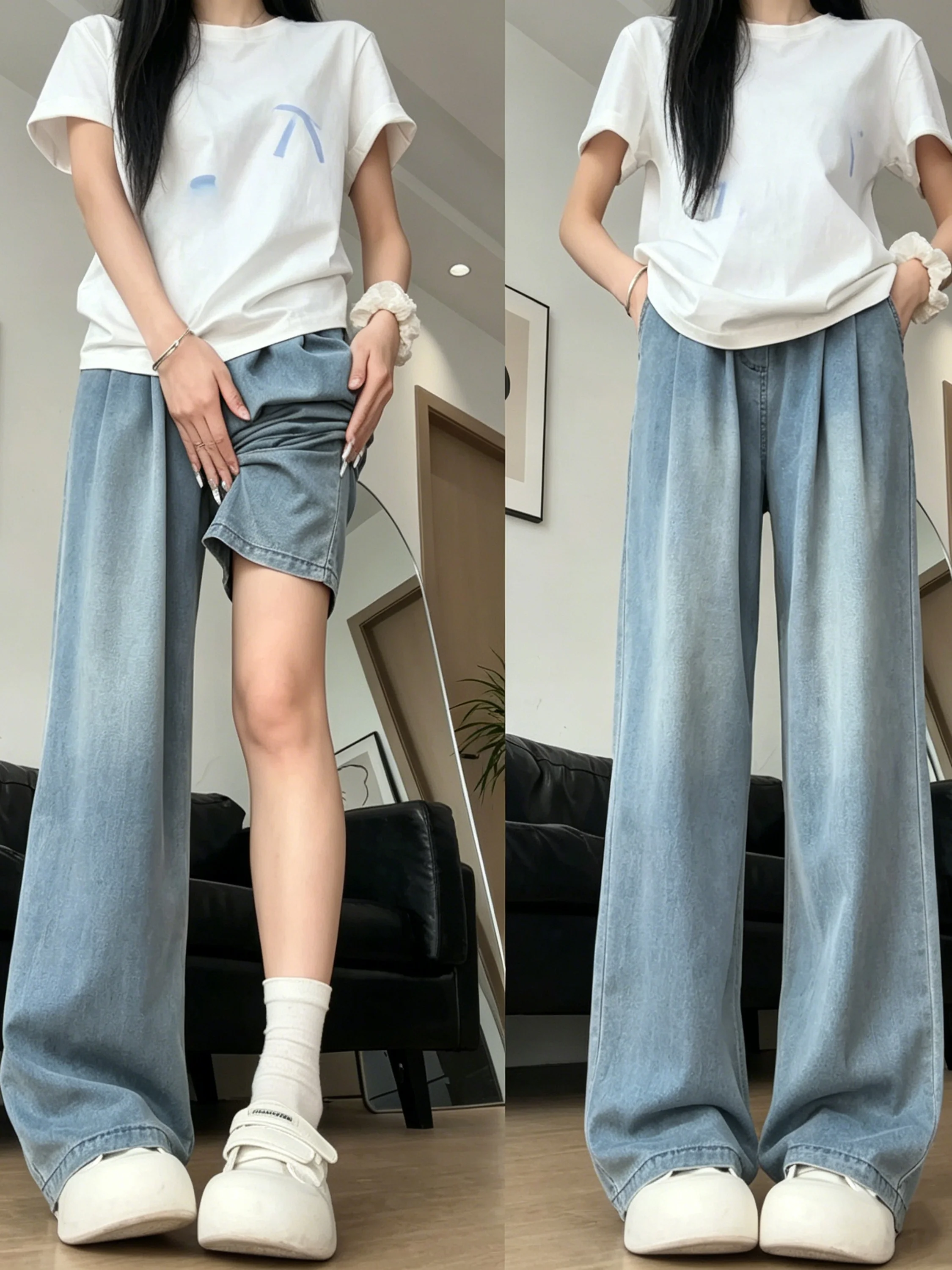 Light Blue Women's Wide Leg Jeans Summer Elastic Drapey Cool Feeling Ice Silk Thin Straight Cut Commute Style High Waist Jeans
Light Blue Women's Wide Leg Jeans Summer Elastic Drapey Cool Feeling Ice Silk Thin Straight Cut Commute Style High Waist Jeans