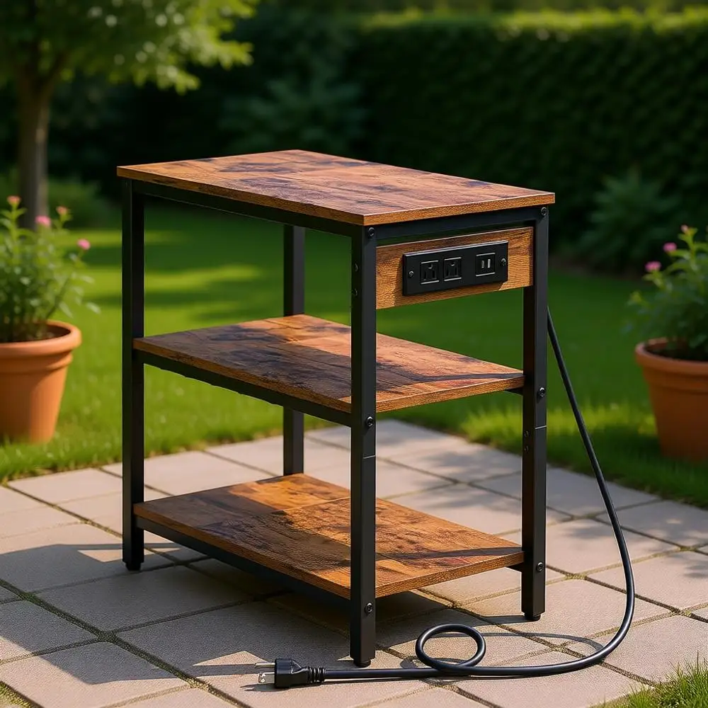 Rustic 3-Tier Storage End Table with Charging Station for Small Spaces in Living Room, Brown and Black Industrial Style
Rustic 3-Tier Storage End Table with Charging Station for Small Spaces in Living Room, Brown and Black Industrial Style