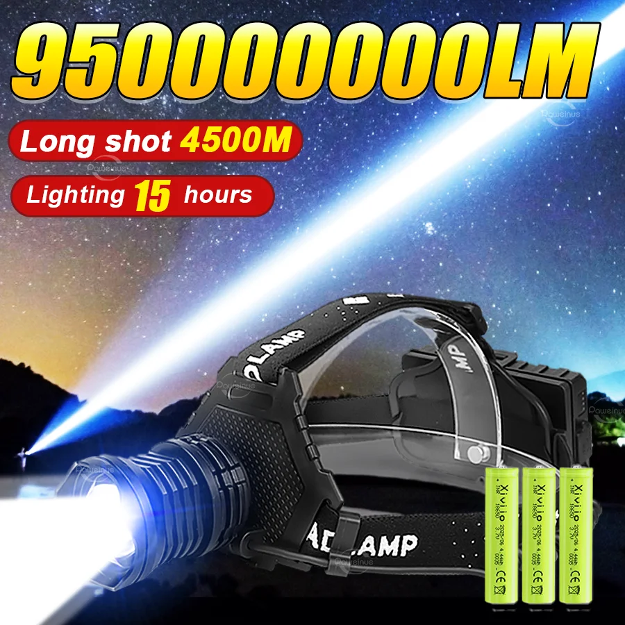 95000000LM Most Powerful LED Headlamp XHP220 Rechargeable Headlight High Power LED Head Flashlight Camping Fishing Head Lantern
95000000LM Most Powerful LED Headlamp XHP220 Rechargeable Headlight High Power LED Head Flashlight Camping Fishing Head Lantern