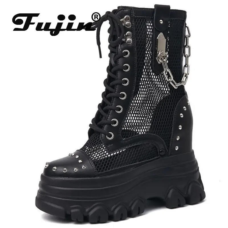 Fujin 11cm Air Mesh Genuine Leather Synthetic Zipper Mid Calf Boots Women Metal Decoration Chimney Hollow Fashion Summer Shoes
Fujin 11cm Air Mesh Genuine Leather Synthetic Zipper Mid Calf Boots Women Metal Decoration Chimney Hollow Fashion Summer Shoes