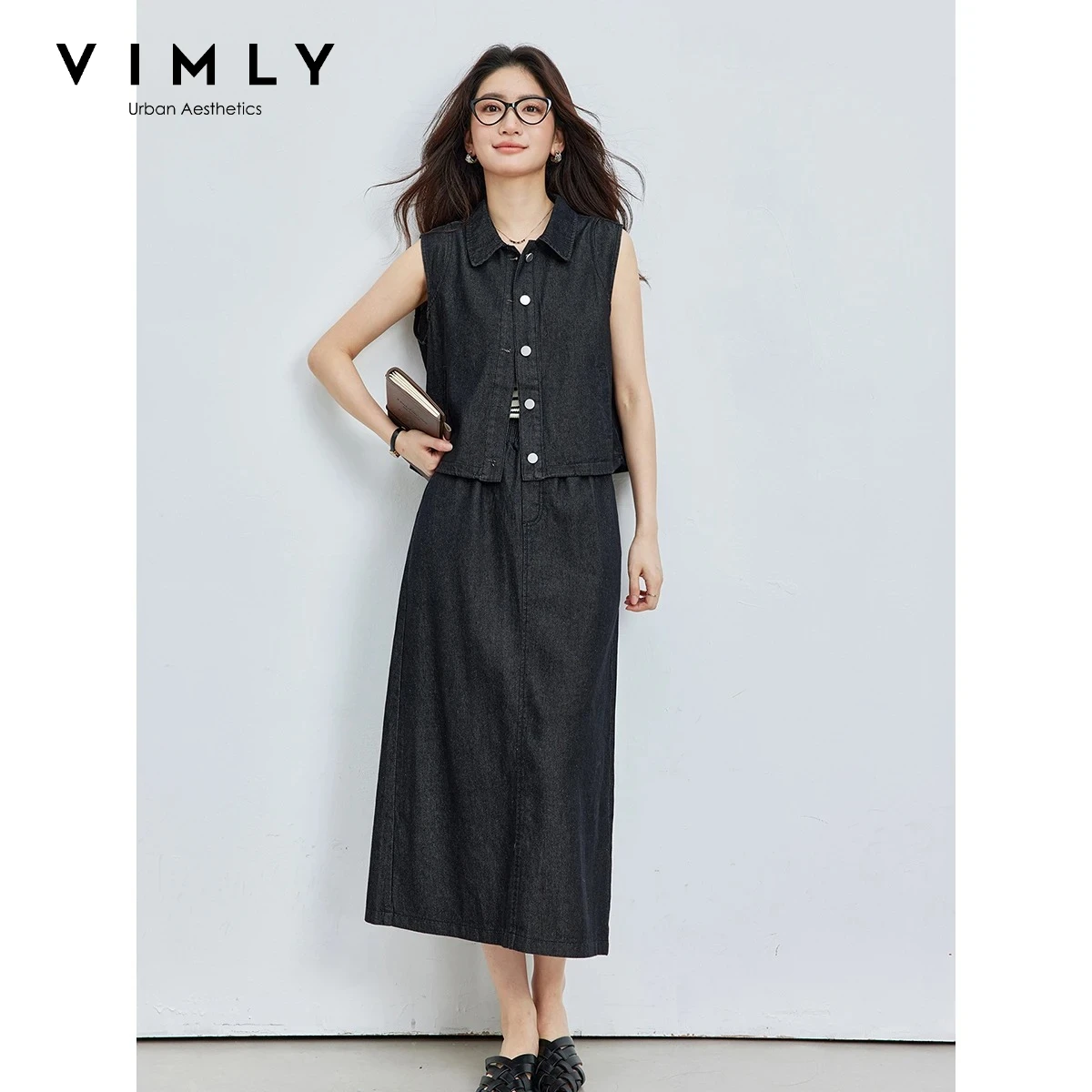 VIMLY Minimalist Commute Denim Set for Women 2026 Summer Lapel Collar Sleeveless Vest Elastic Waist Skirt Casual Two-Piece 30926
VIMLY Minimalist Commute Denim Set for Women 2026 Summer Lapel Collar Sleeveless Vest Elastic Waist Skirt Casual Two-Piece 30926