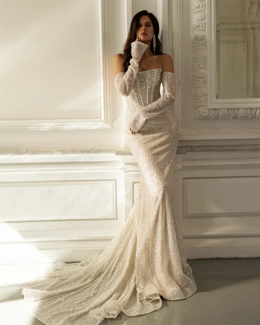 Luxury Mermaid Wedding Dress 2026 Strapless Sequins Pearls Detachable Sleeves Bridal Dresses Bride Gown vestidos de novia
Luxury Mermaid Wedding Dress 2026 Strapless Sequins Pearls Detachable Sleeves Bridal Dresses Bride Gown vestidos de novia