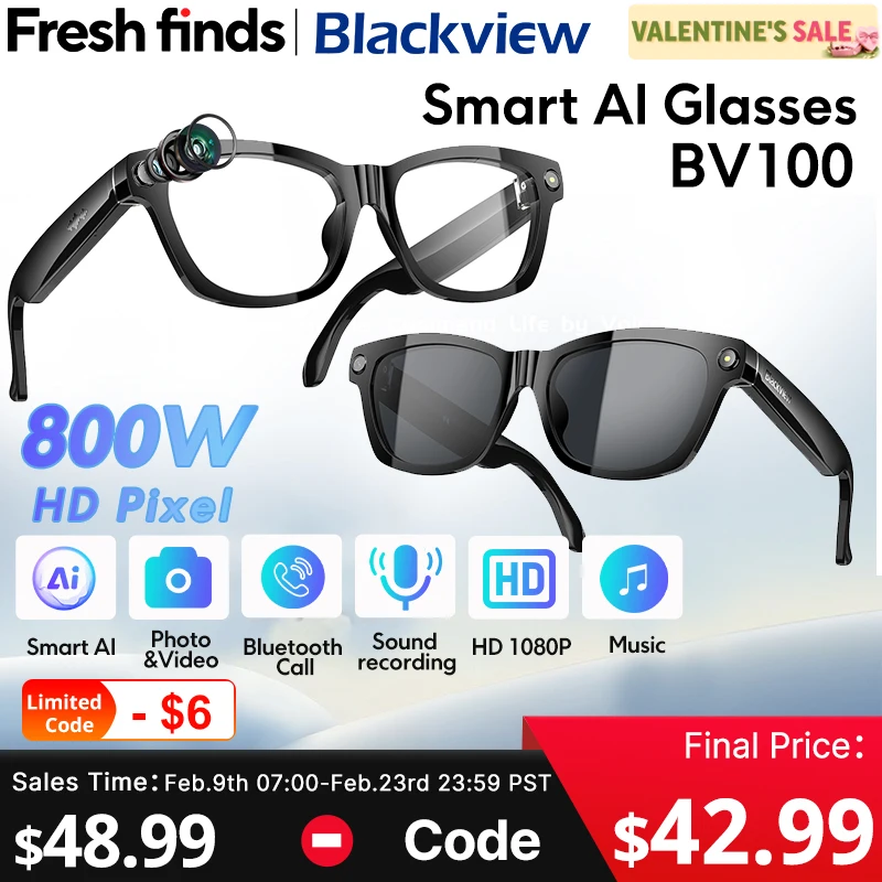 【Мировая премьера】Blackview BV100 AI Смарт-очки 800 Вт пикселей 2K HD-камера Bluetooth-вызов Голосовой помощник Умные очки
【Мировая премьера】Blackview BV100 AI Смарт-очки 800 Вт пикселей 2K HD-камера Bluetooth-вызов Голосовой помощник Умные очки