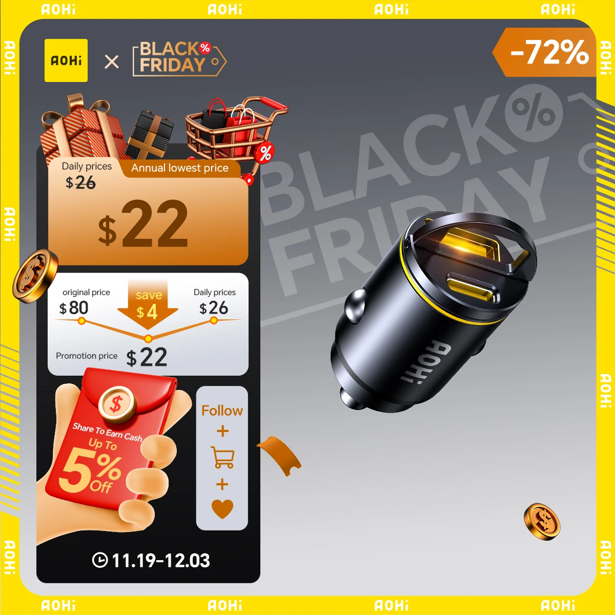 AOHI SUPERAUTO PD 45W Fast Car Charger (USB-C & USB-A)
AOHI SUPERAUTO PD 45W Fast Car Charger (USB-C & USB-A)