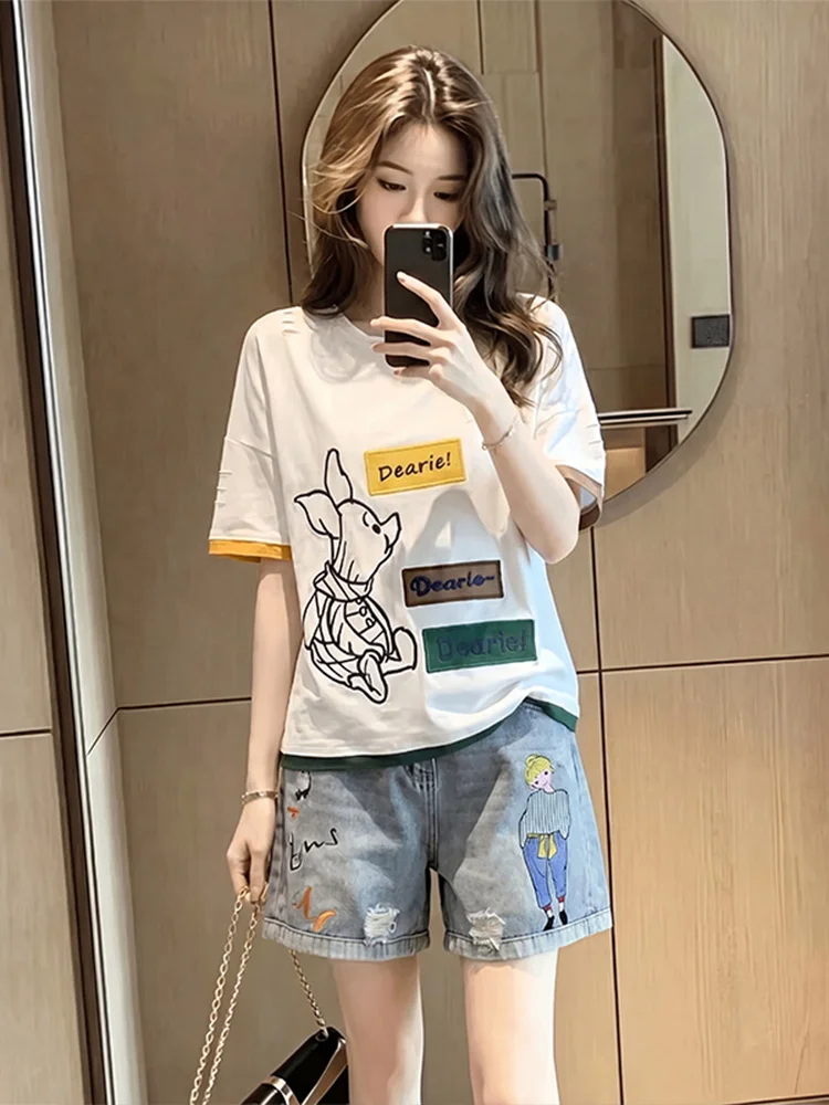 Slimming Two-Piece Set round Neck Short Sleeve T-Shirt And Five-Point Jeans Short Pants Women's Fashion Casual Wear Summer New
Slimming Two-Piece Set round Neck Short Sleeve T-Shirt And Five-Point Jeans Short Pants Women's Fashion Casual Wear Summer New