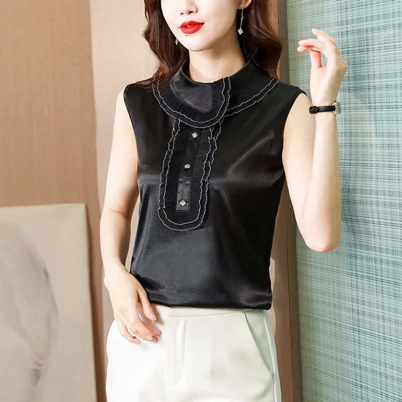 Women Clothing Fashion Sleeveless Solid Blouse Summer New Elegant Chic Slim O-neck Pullover Office Lady Folds Satin Popular Tops
Women Clothing Fashion Sleeveless Solid Blouse Summer New Elegant Chic Slim O-neck Pullover Office Lady Folds Satin Popular Tops