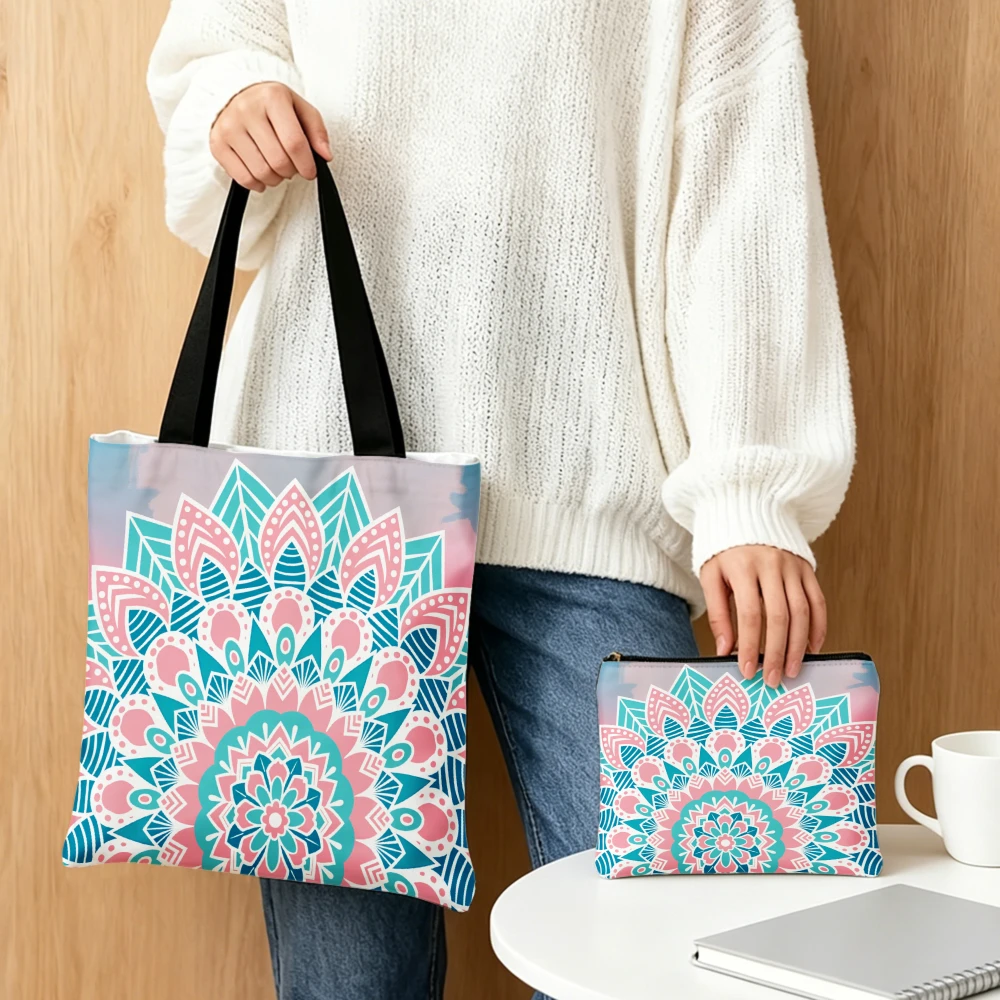 Mandala Pattern Handbag Pink And Teal Design Tote Bags And Makeup Bag Combination For Travel Lightweight Portable Pouch
Mandala Pattern Handbag Pink And Teal Design Tote Bags And Makeup Bag Combination For Travel Lightweight Portable Pouch