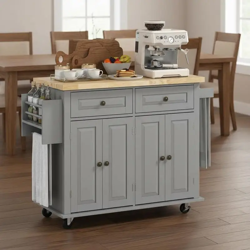 Rolling Kitchen Island Storage Trolley with Rubber Wood Top & Drawers for Dining Room, Grey
Rolling Kitchen Island Storage Trolley with Rubber Wood Top & Drawers for Dining Room, Grey