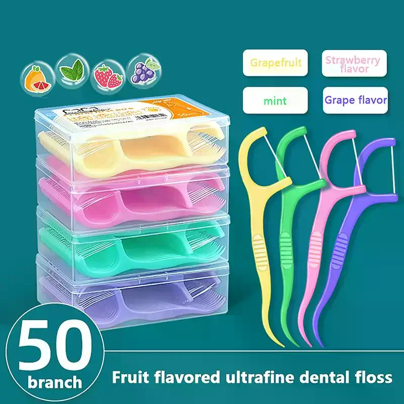 50 Sticks/Box Fruit Flavored Dental Floss Stick, With 4 Flavors To Choose From, Cleaning Tool For Gaps Between Teeth
50 Sticks/Box Fruit Flavored Dental Floss Stick, With 4 Flavors To Choose From, Cleaning Tool For Gaps Between Teeth